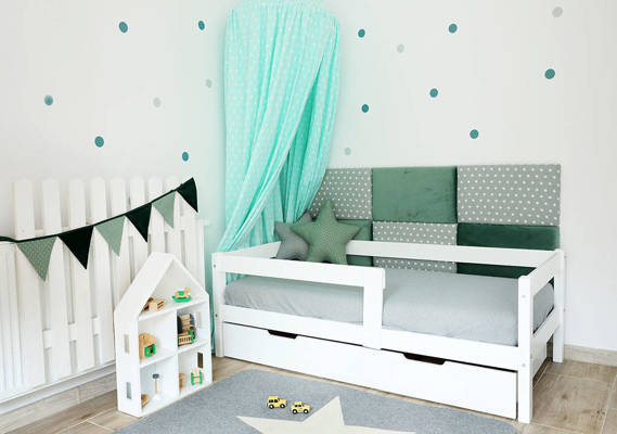 Łóżko dla dziecka z szufladą i materacem + baldachim 90x200 - sosna/mięta