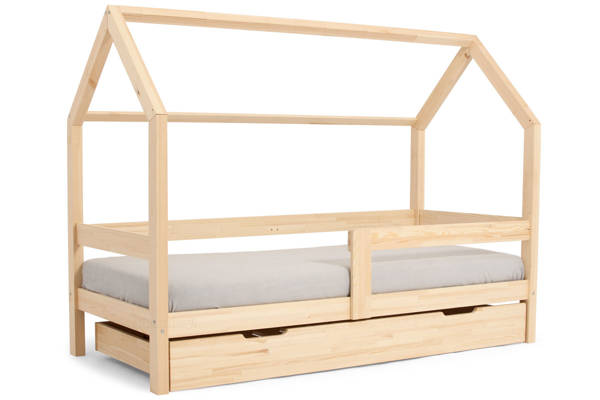 Łóżko z barierką szufladą i materacem DOMEK 80x190 - sosna
