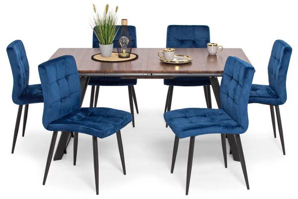 Stół PORTLAND (200/160x90) i 6 krzeseł DIANA - zestaw do jadalni - brąz + niebieski