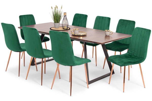 Stół PORTLAND (200/160x90) i 8 krzeseł SOFIA - zestaw mebli do jadalni - brązowo-zielony