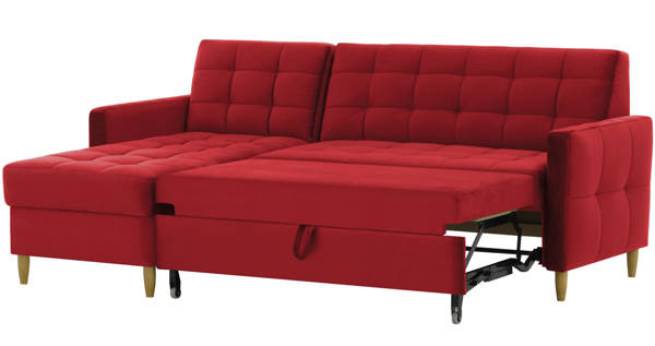 Uniwersalna sofa narożna pojemnikiem na pościel - czerwony